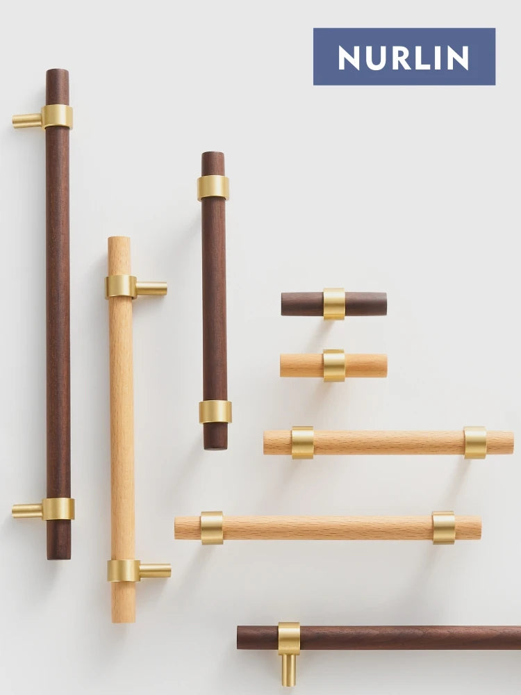 Nurlin Brass Natural Walnut Beech Wood Kitchen Furniture Handle American Nordic Style Drawer Wardrobe Pull T Bar