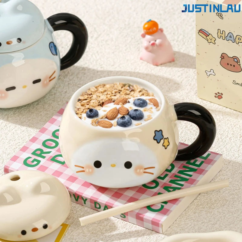 Set of Sesame-shaped Ceramic Cup Cat Grass Straw Cup with Lid and Straw Coffee Cup Breakfast Milk Cup Instagram-style Coffee Cup