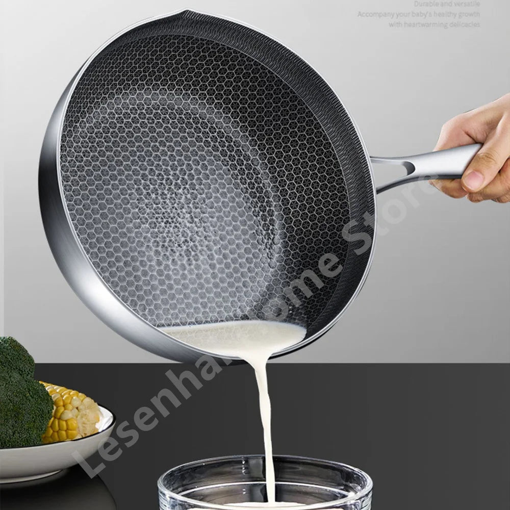 410 Stainless Steel Honeycomb Frying Pan Steak Cooking Non-Stick Pan Induction Cooker Universal Kitchen Cookware Flat Bottom Wok