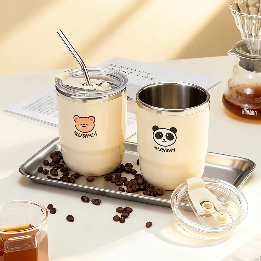 WORTHBUY 304 Stainless Steel Double Wall Insulated Coffee Mug With Straw Portable Cute Leak Proof Drinking Cup Tumbler For Kids