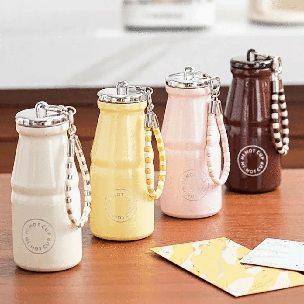 280ML Milk Coffee Cup Leak Proof with Hanging Chain Stainless Steel Pocket Cup Macaron Color Insulated Water Bottle