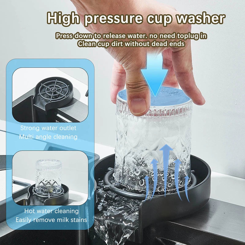 Single Slot Kitchen Sink with Faucet 304 Stainless Steel Large 60x45cm Rainfall 4 Functions Sink with Soap Dispenser,Cup Washer