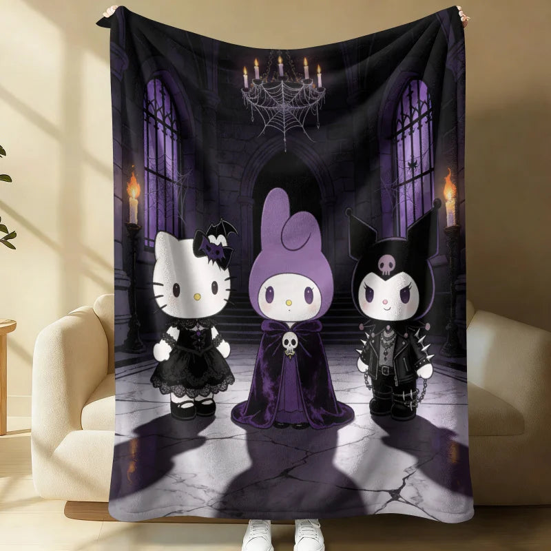Sanrio Hello Kitty My Melody Kuromi Flannel Blanket Kawaii Gothic Castle Print Soft Cozy Throw Room Decor Gift Halloween Decor