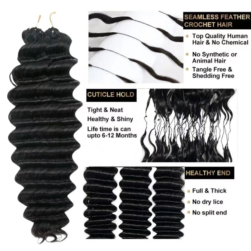 12A Deep Wave Knotless Pre-Separated Crochet Hair Extensions Curly Water Wave Crochet Hair Natural Black Feather Human Hair