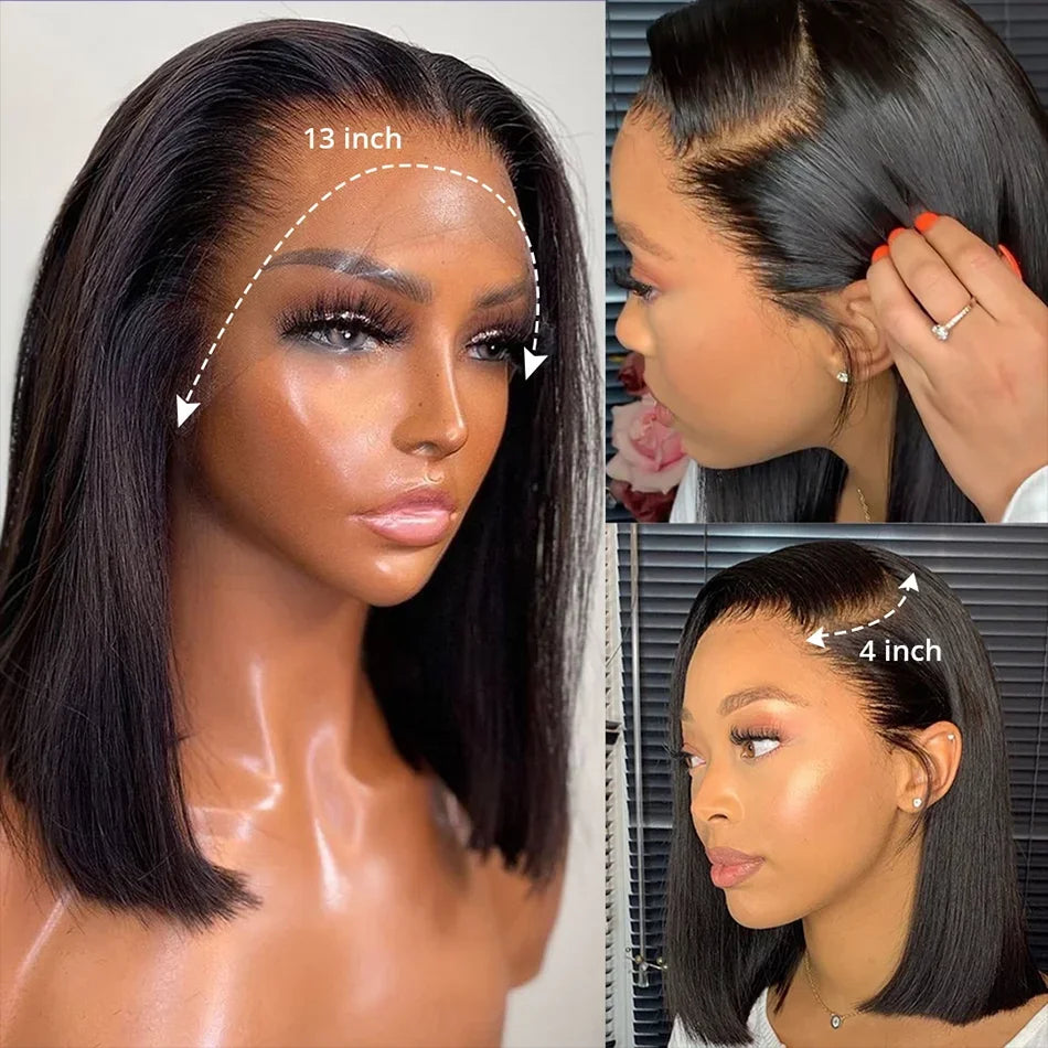 220% Density Bob Wigs Straight 100% Human Hair Lace Front Wigs 13x4 Bob Brazilian Remy Hair Pre-plucked Lace Front Wigs 16 inch