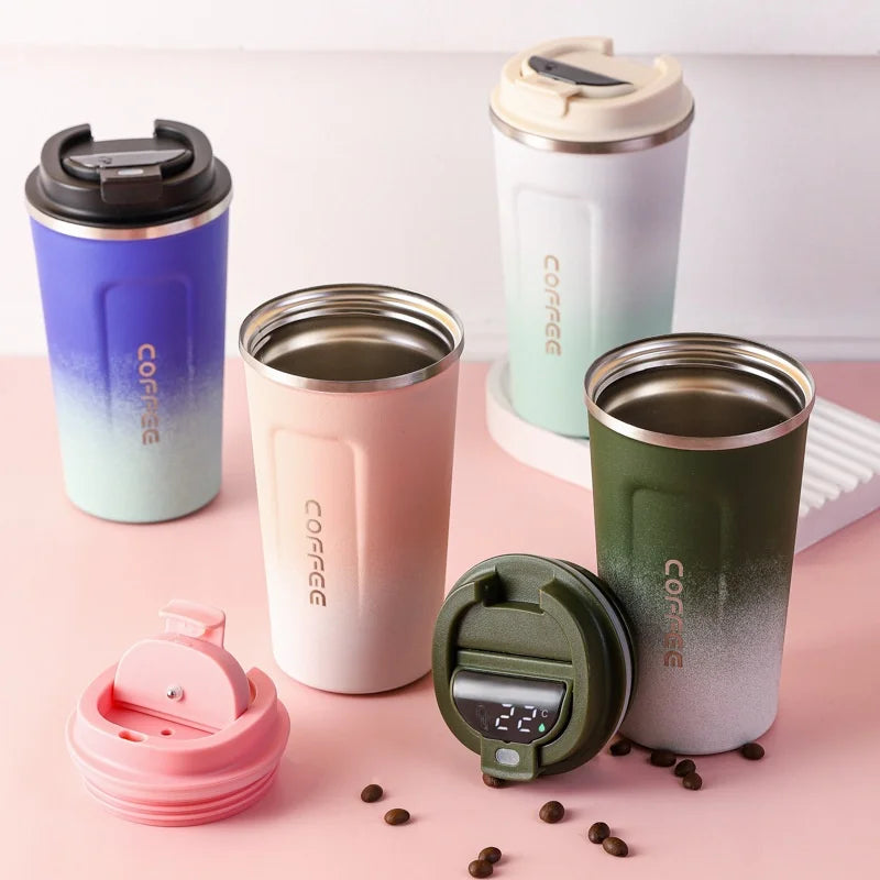 New Intelligent Temperature Measurement Stainless Steel Coffee Cup Thermos Cup Solid Color Gradual Change Optional Portable
