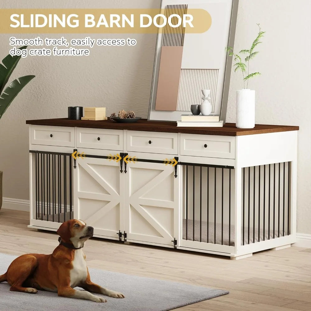 Indoor Wooden Dog Crate with 4 Drawers and Sliding Barn Doors for Small to Large Dogs - Stylish Kennel Furniture