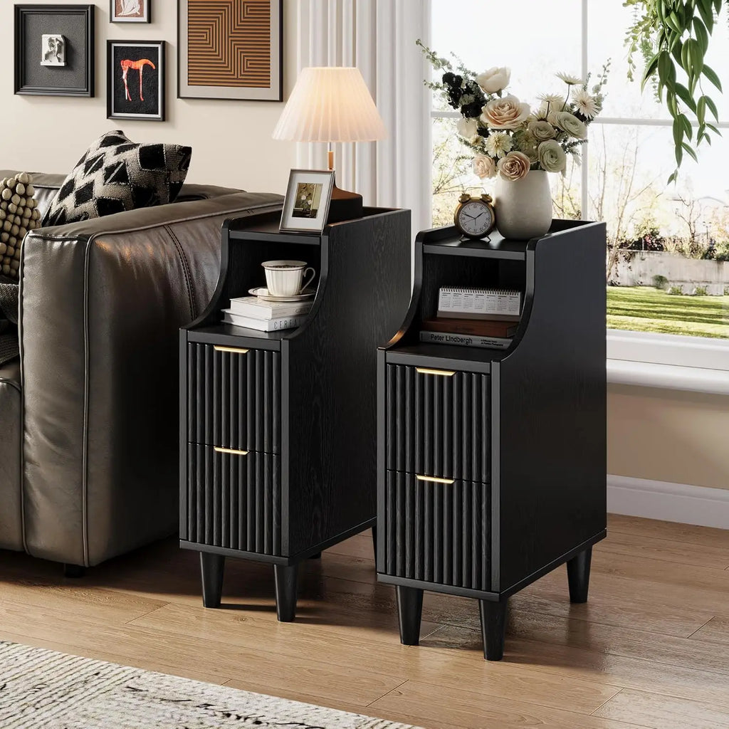 Fluted 2-Drawer Nightstand Set Slim Wooden Mid Century Modern Side End Table for Bedroom Living Room Office, Customized