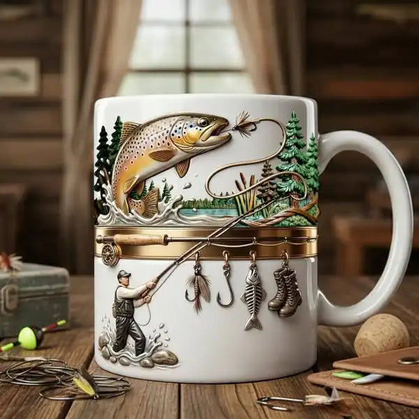 2D print Fishing Lover Gift Mug-Personalized Fishing Cup for Angler,Custom Name Fish Design Ceramic Coffee Mug Birthday Present