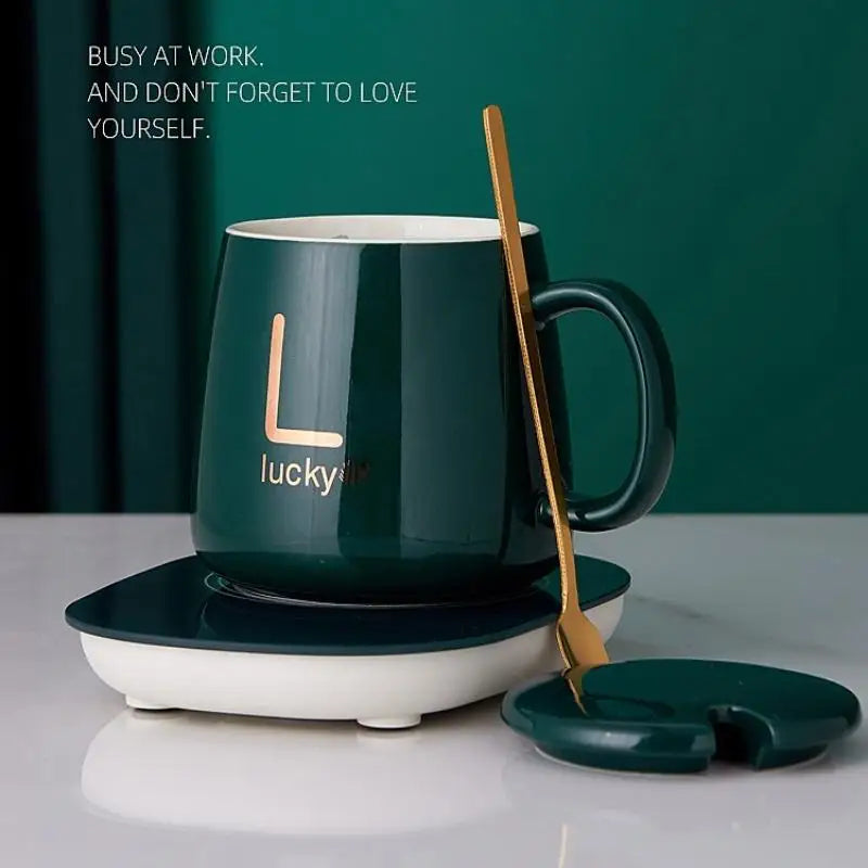 1 Set With Stainless Steel Spoon Gift Kit For Travel Office Gift 55℃ Thermal Ceramic Mug Portable USB Rechargeable Heating Cup