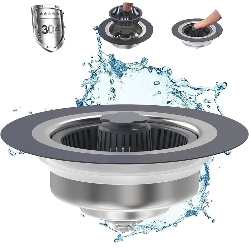 3 in 1 Kitchen Sink Drain Strainer and Stopper Combo, Stainless Steel Pop Up Kitchen Sink Stopper, Sink Drain Strainer for Stand