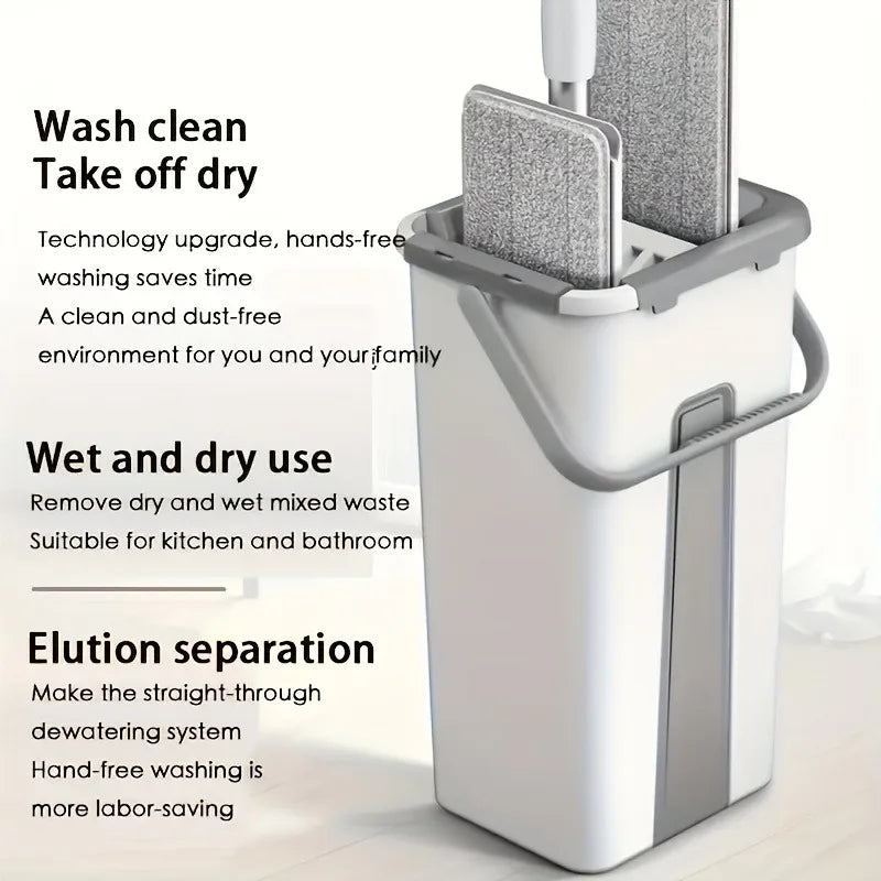 Hand-Free Flat Mop and Bucket Set Wet Dry Floor Cleaning System for Home Room Floors