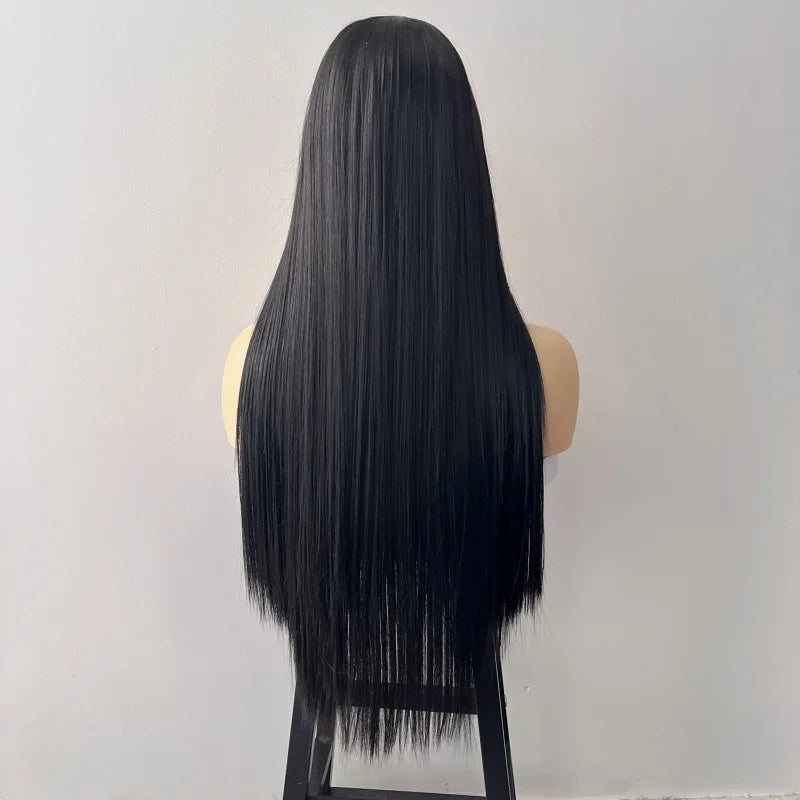 Black 26-inch synthetic wig with long straight hair for Halloween cosplay, daily use, high-temperature hair accessory