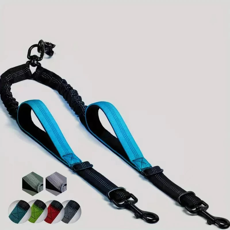 Dual Dog Leash Coupler - Comfort Padded Handles, No-Tangle, No-Pull Bungee Leash - 360° Swivel, Reflective, Shock Absorbing - Pe