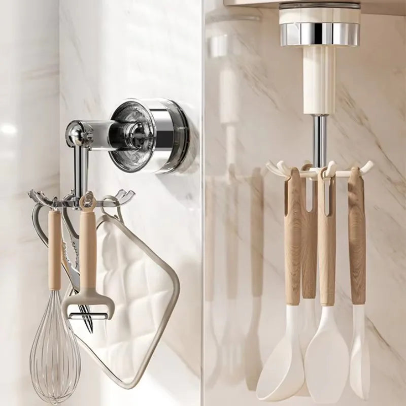 Kitchen Suction Cup Six-claw Rotating Hook Organizer Household Punch-free Spatula Spoon Wall-mounted Storage Shelf