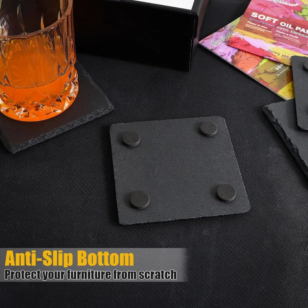 60 Pack Black Slate Drink Coasters, 4 Inch Square Stone Coasters with Anti-Scratch Bottom for Home Kitchen Decor