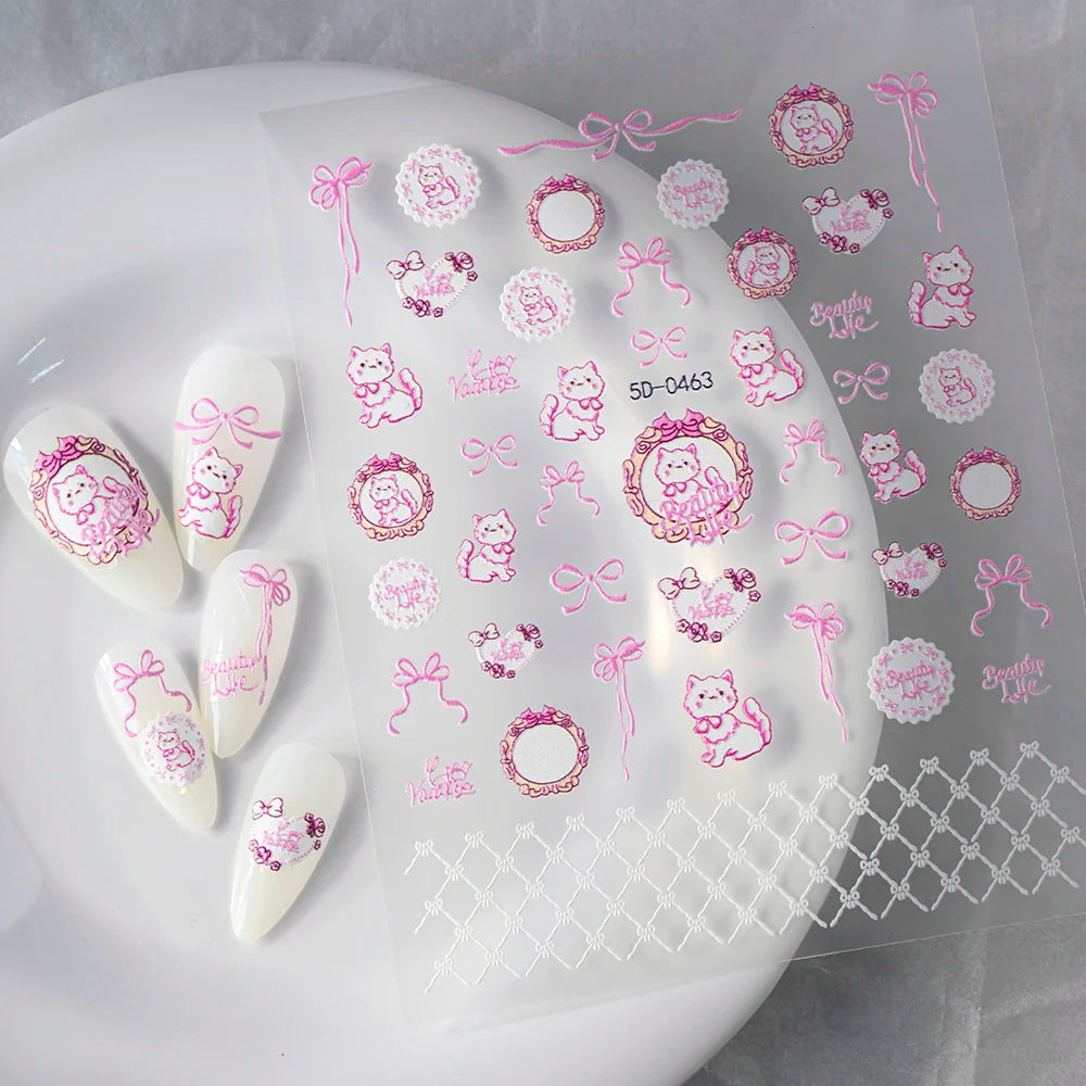 1pc 5D Cute Jelly Pink Cat Paw Print Nail Sticker Lovely Kitty Puppy Dog Cartoon Embossed Relief Nail Art Sticker Manicure Decal