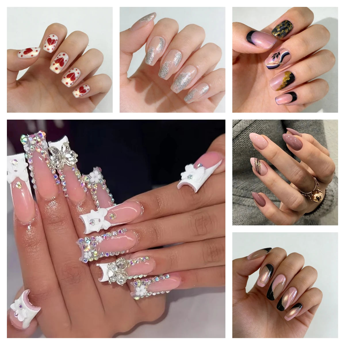 10Pcs Long French Fake Nails with Glue Ballet False Nails Butterfly Rhinestone Design Press on Nails Wearable Coffin Nail Tips