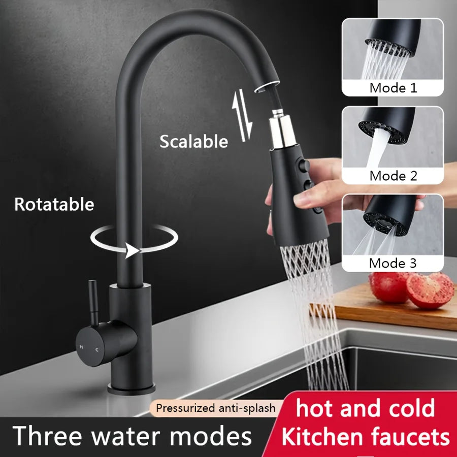 1 set of kitchen sink cold and hot pull-out stainless steel faucet with three-speed switch and rotatable water outlet mode
