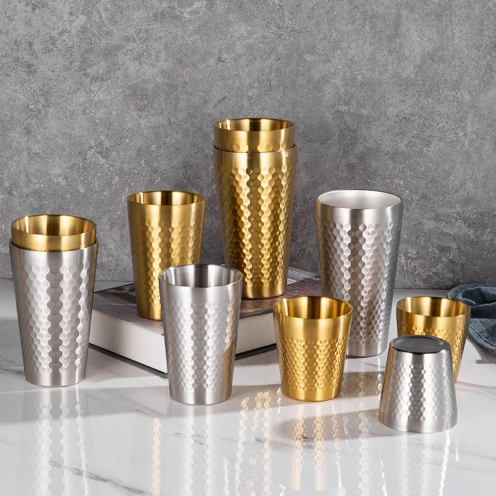 Double-Wall 304 Stainless Steel Mug Hammer Diamond Texture Coffee Double-Wall Prevents Scalding Mug Beer Cup Water Mugs
