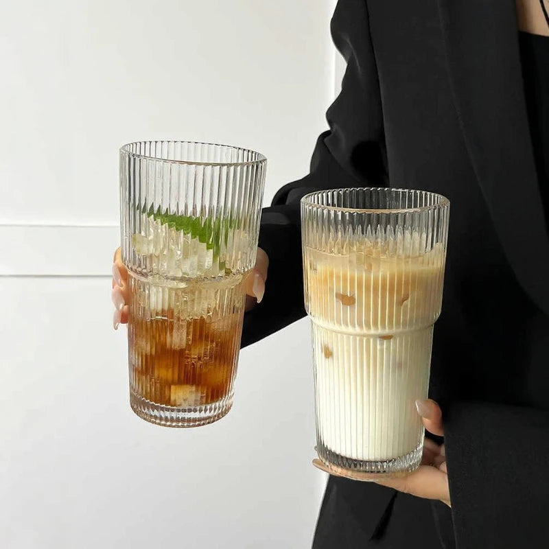 High-value cold drink juice coffee cup with lid and straw, vertical striped glass, large capacity water cup