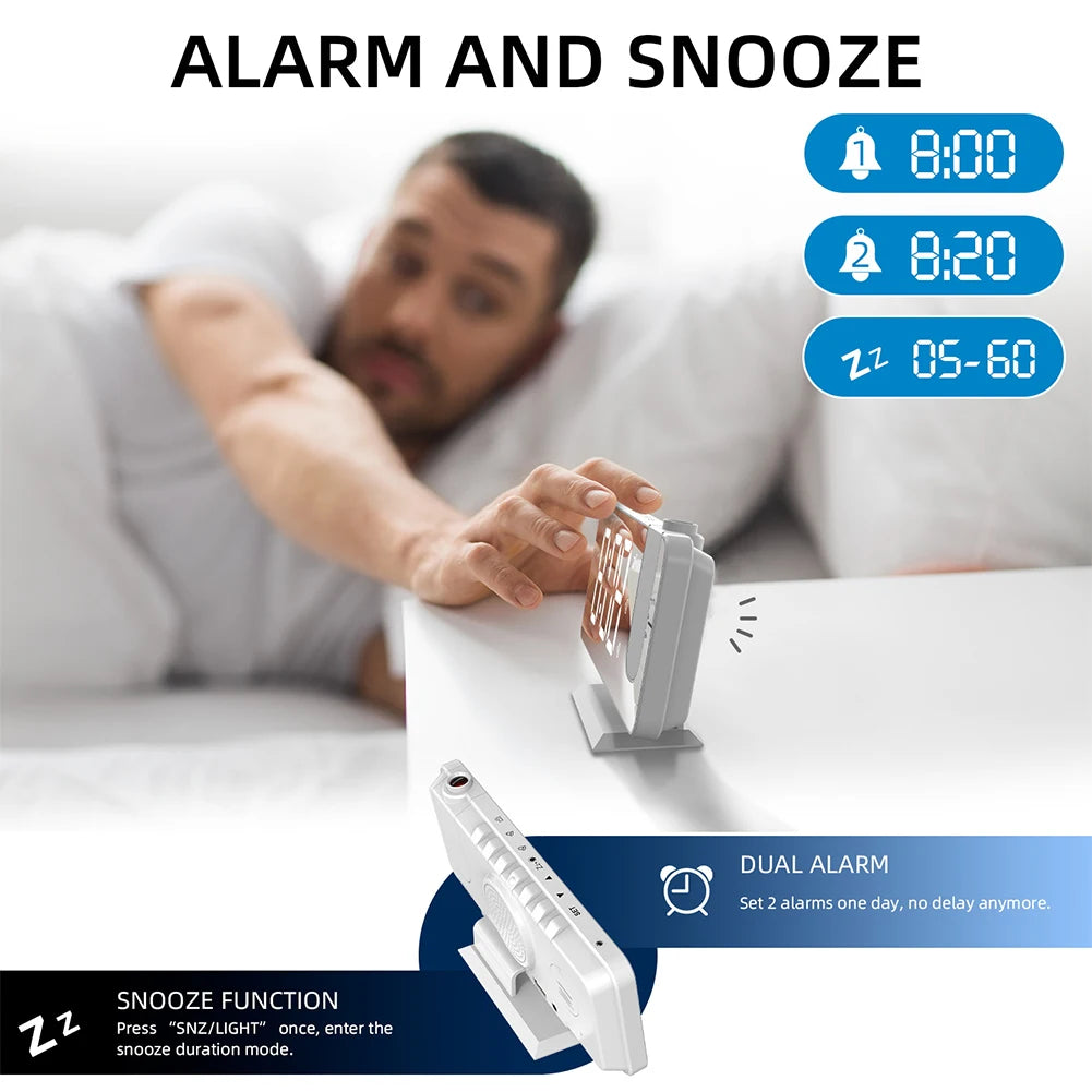 Digital Projection Alarm Clock Large LED Display 180° Rotatable Projector & Dimmer 12/24H DST With Time Temperature for Home Bed