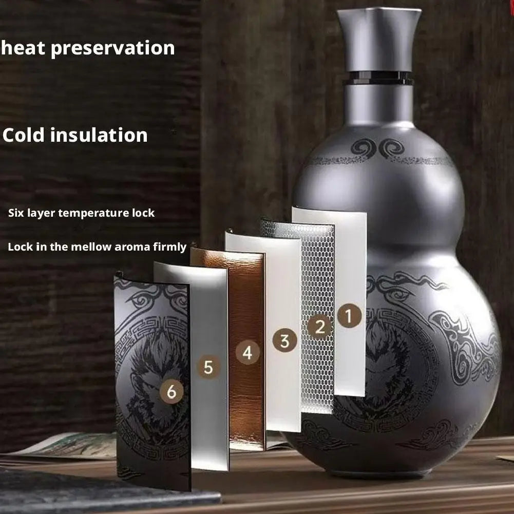 Portable Wukong Theme Gourd Style Water Bottle 304 Stainless Steel Thermal Insulation Cup Black Game Cosplay Lanyard Outdoor