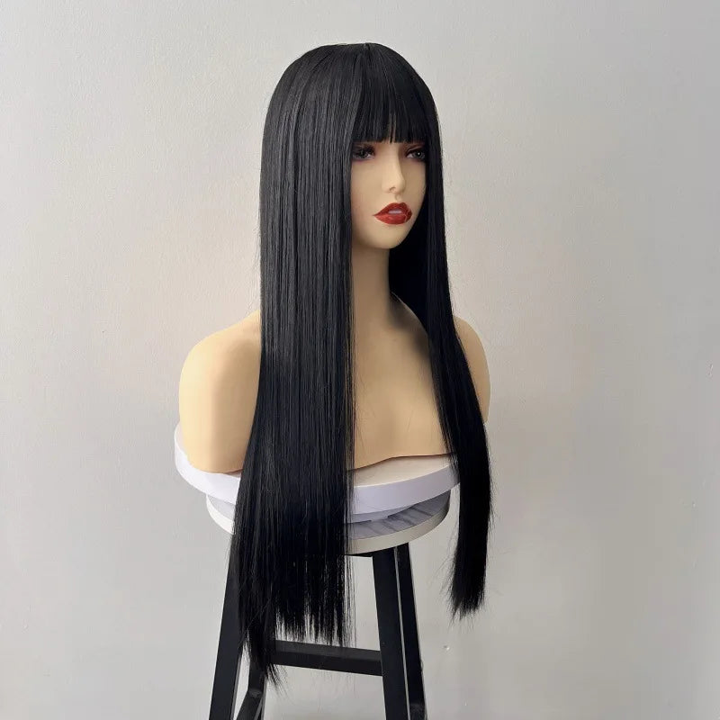Black 26-inch synthetic wig with long straight hair for Halloween cosplay, daily use, high-temperature hair accessory