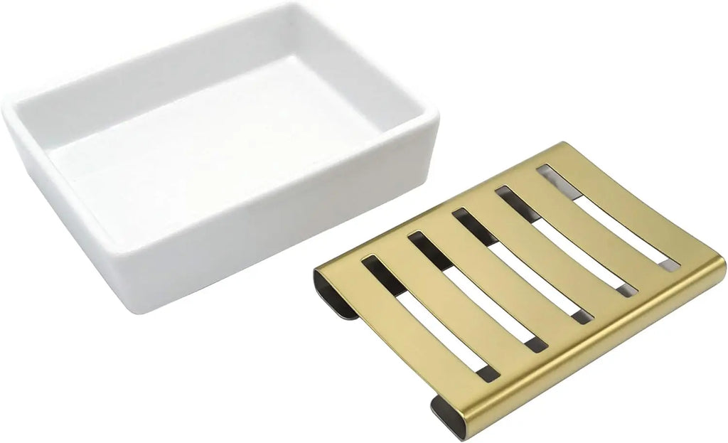 Double Layer Ceramic Soap Dish with Stainless Steel Holder for Shower and Bathroom Drainage