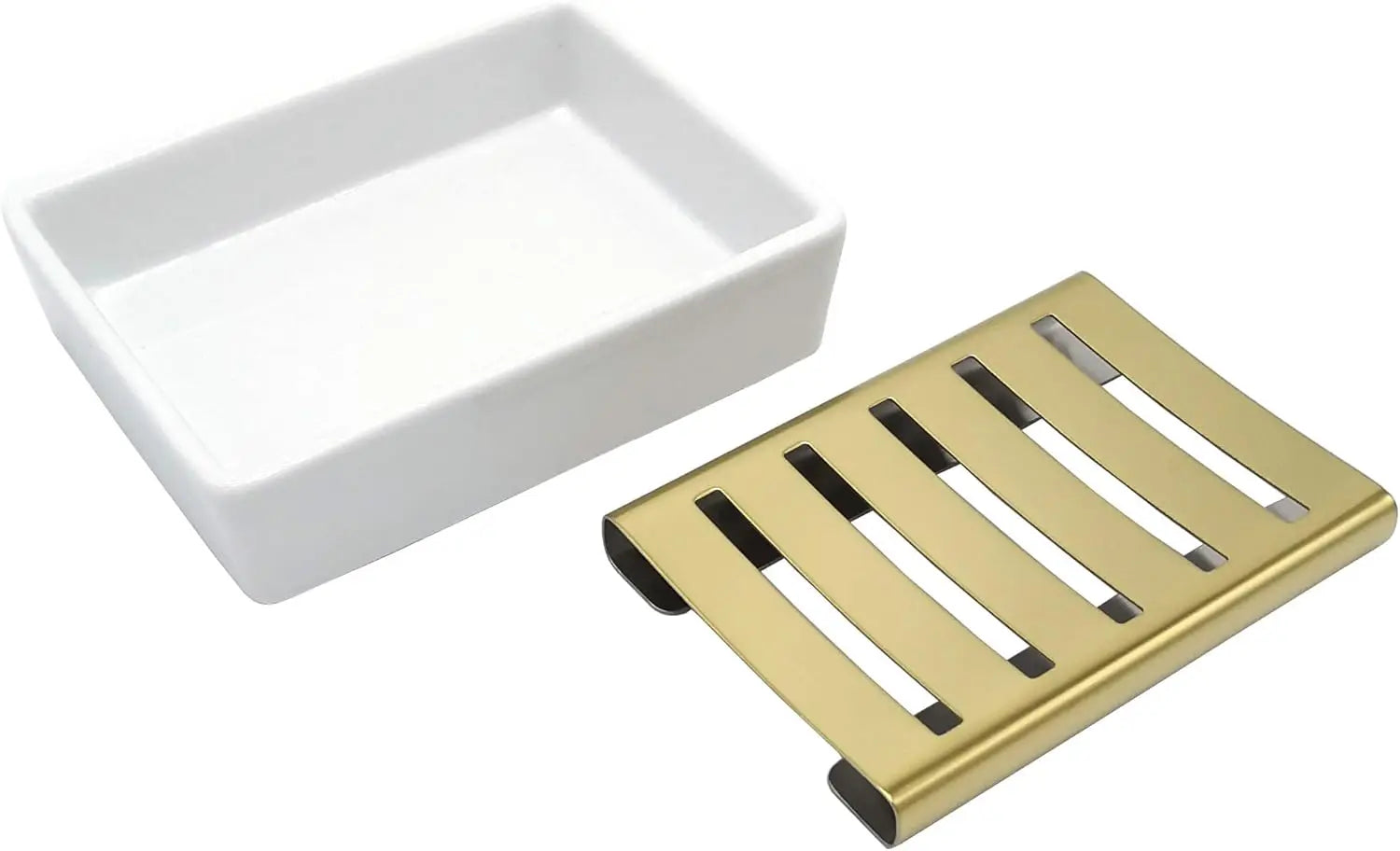 Double Layer Ceramic Soap Dish with Stainless Steel Holder for Shower and Bathroom Drainage