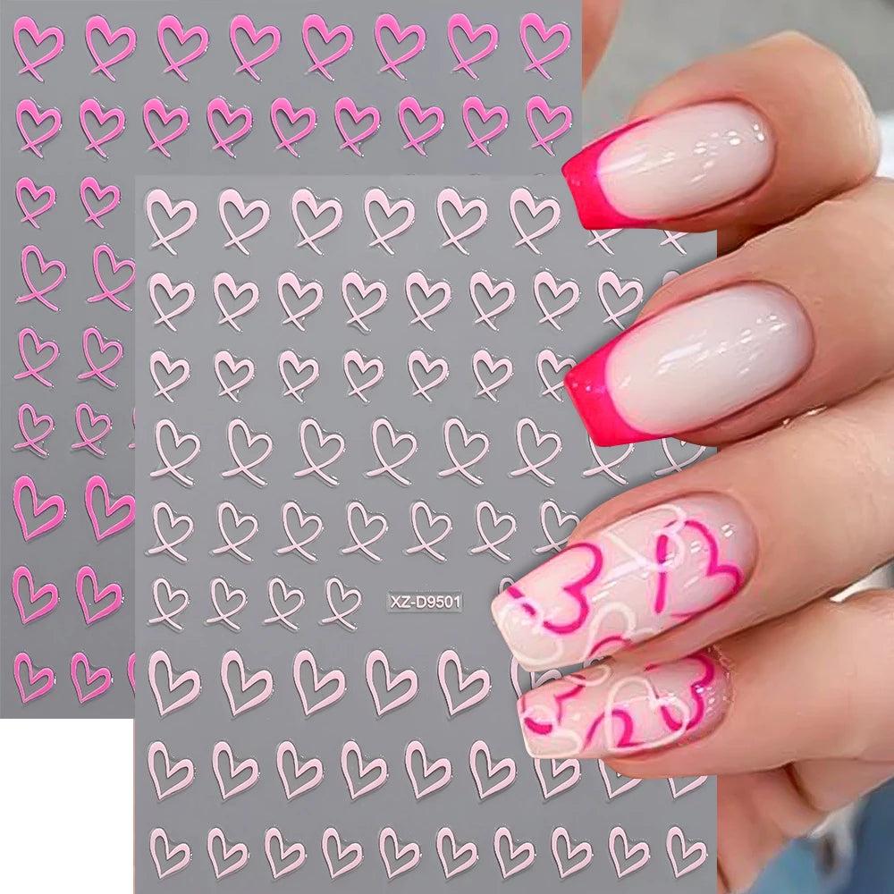 8pcs 3D Valentine's Day French Lines Love Nail Art Stickers Sweet Love-Heart Nail Decals DIY Self-Adhesive Slider Manicure Decor