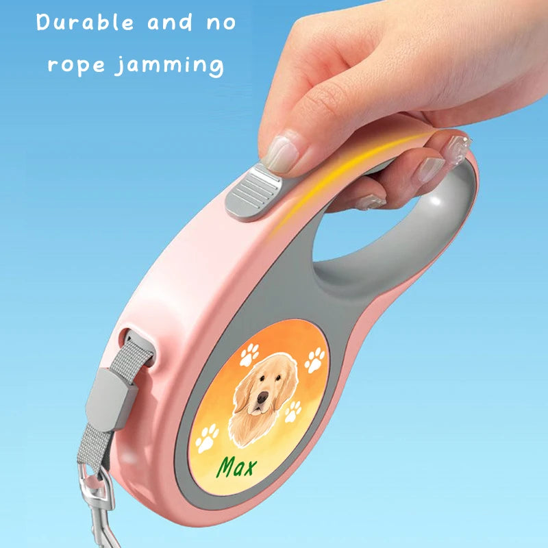 Custom Retractable Dog Leash with Personalized Avatar & Name Durable, Easy-to-Use Pet Walking Leash 3/5M Automatic Expandable
