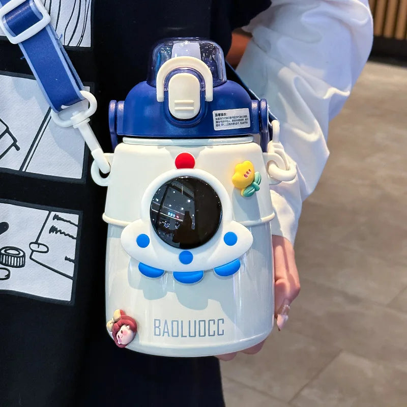 Cute Astronaut Children Insulation Cup 316 Stainless Steel Straw Thermos Water Bottle For School Boys Girl Outdoor Big Belly Cup
