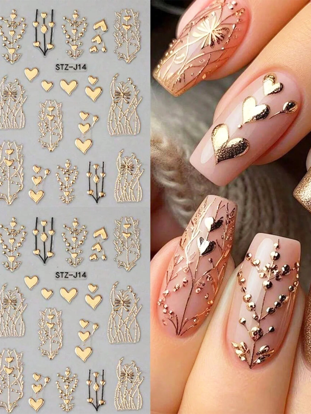 2pcs 3D Bronzing Heart Stickers For Nails Metallic Golden Heart Designs Glitter Self Adhesive Nail Art Decals For Valentine's Da