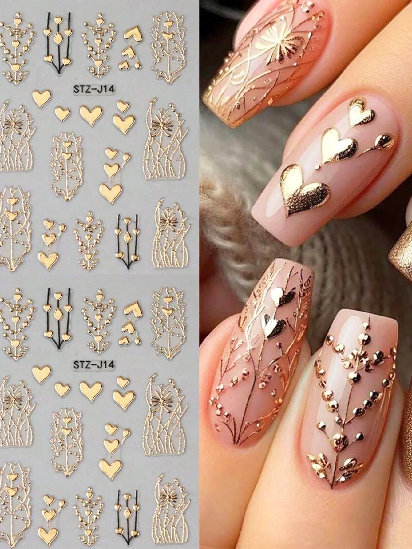 2pcs 3D Bronzing Heart Stickers For Nails Metallic Golden Heart Designs Glitter Self Adhesive Nail Art Decals For Valentine's Da