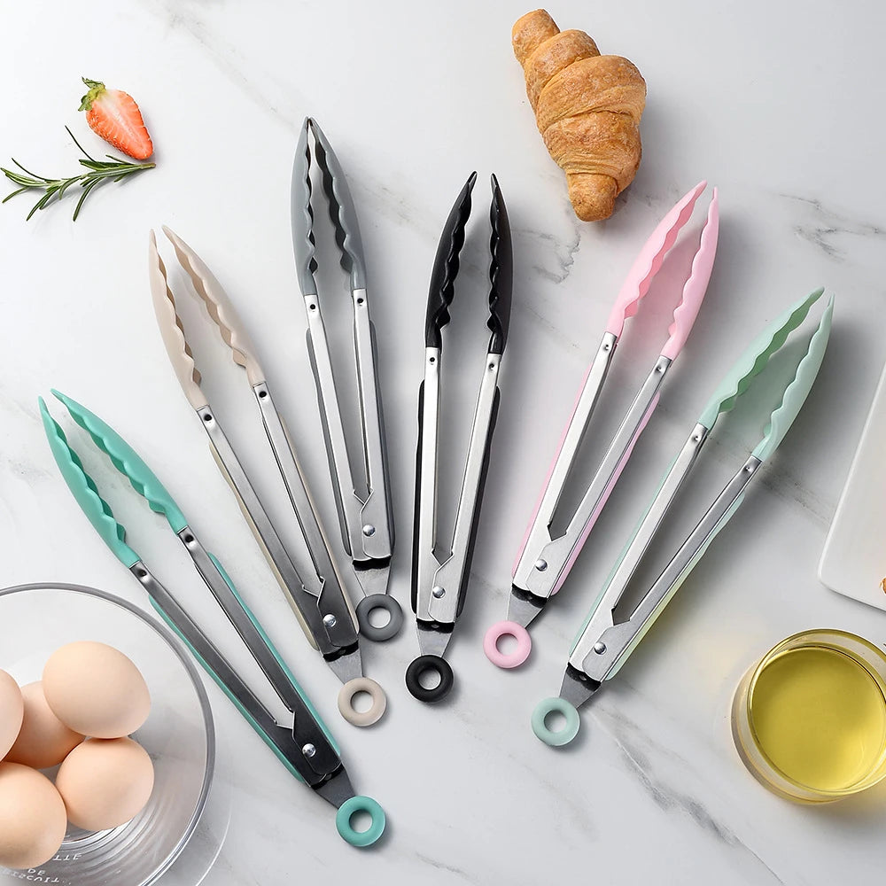 Silicone BBQ Grilling Tong Kitchen Cooking Salad Bread Serving Tong Non-Stick Barbecue Clip Clamp Stainless Steel Tools Gadgets