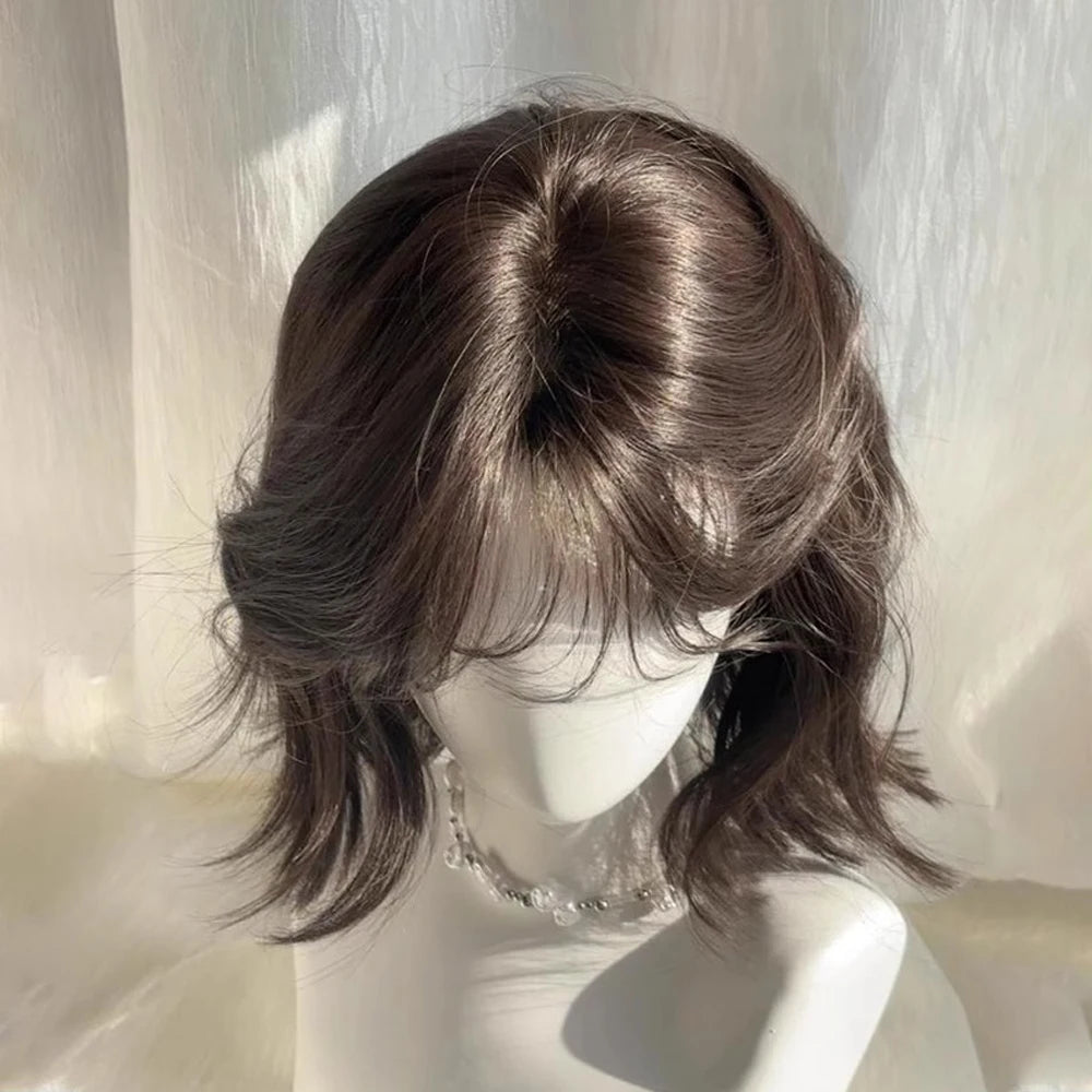 Short Wavy Black Brown Wig with Bangs Synthetic Cosplay Fluffy Heat Resistant Wig for Daily Party Lolita Cosplay