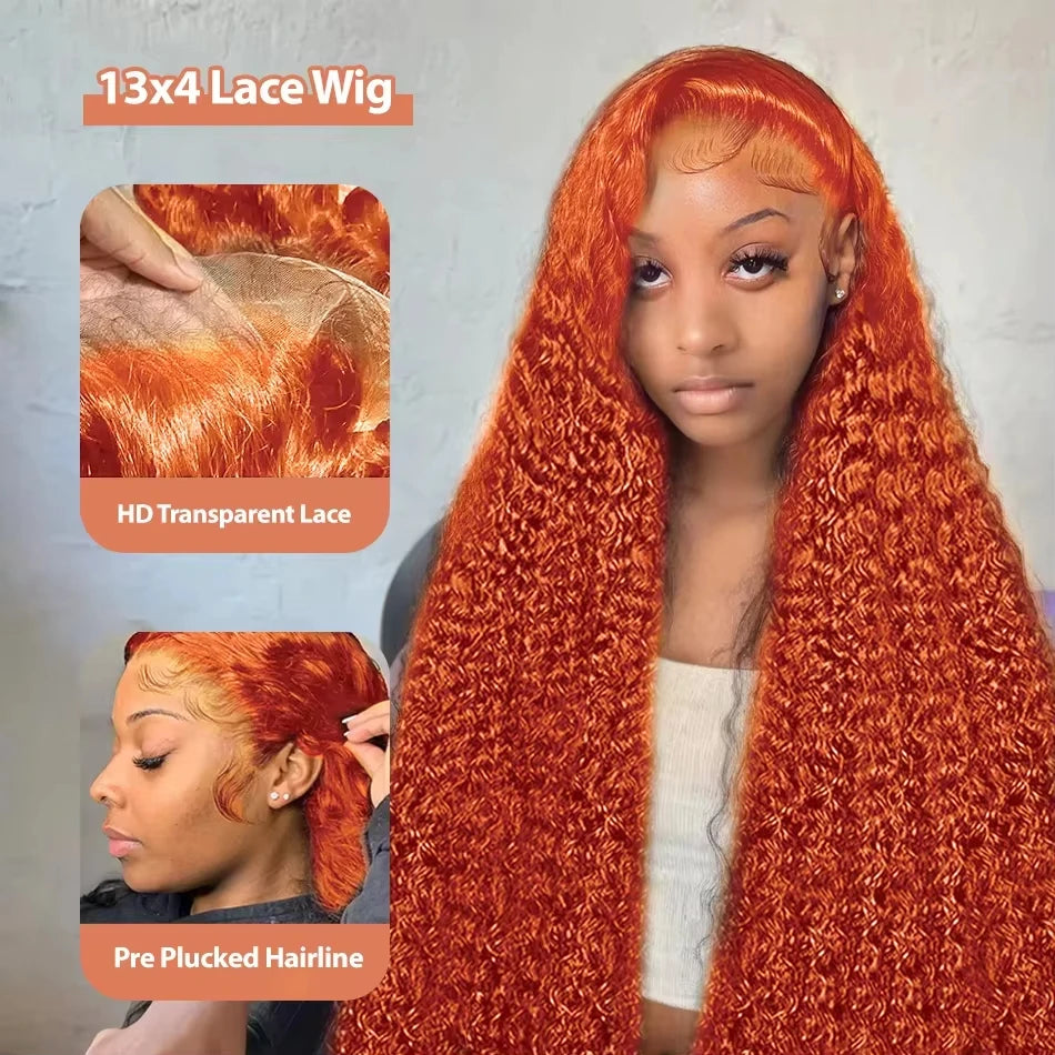 Ginger Orange Lace Front Curly Human Hair Wig Water Wave 200 Density 13x4 13x6 Deep Wave HD Lace Frontal Wig For Women Brazilian