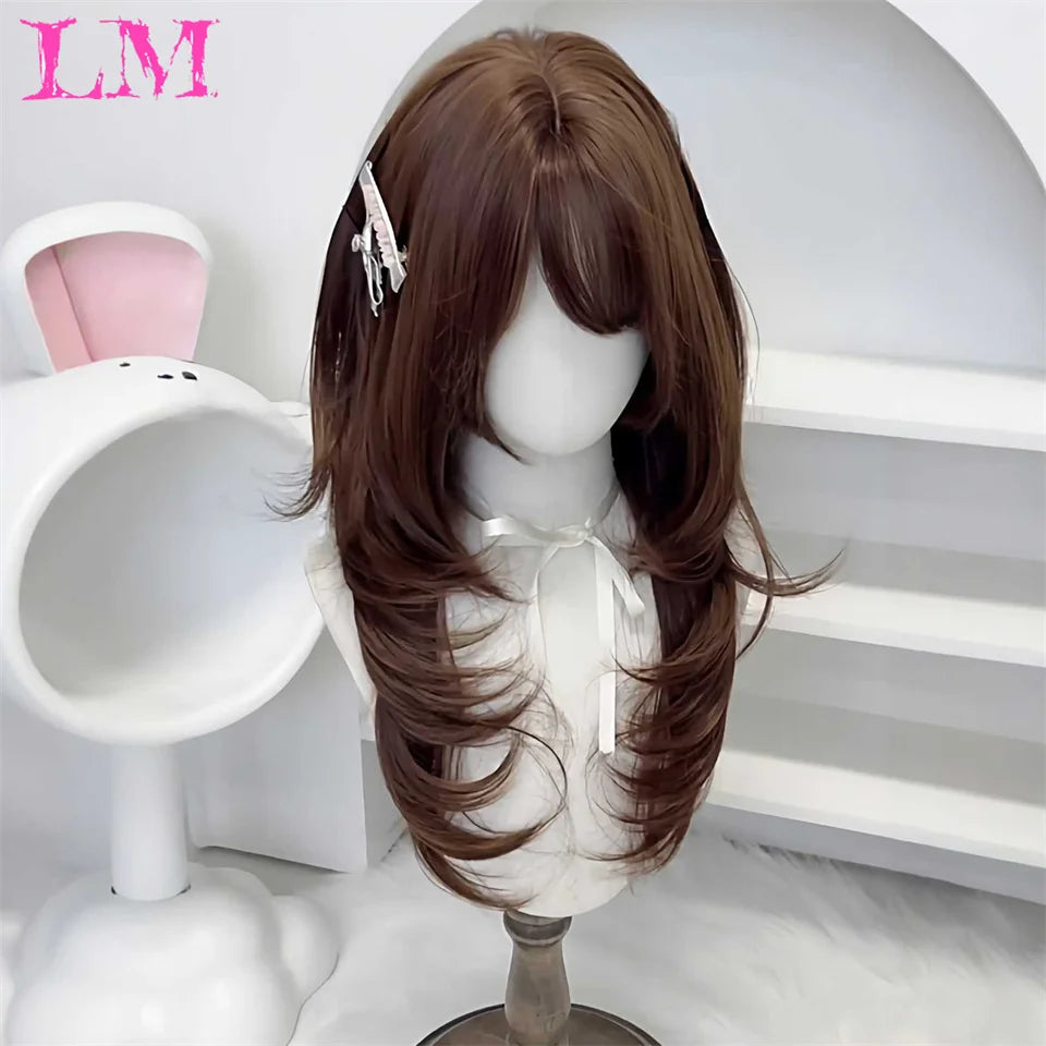 LM Blonde Synthetic Ombre Mixed Pink Blond Long Wavy Wigs with Bangs Cosplay Party UseHeat Resistant Fiber for Women