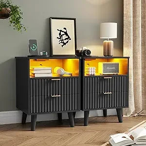 Fluted Nightstand Set of 2 with Charging Station,LED Nightstand with 2 Drawers and Open Storage Cubby, Modern Bedside，Customized