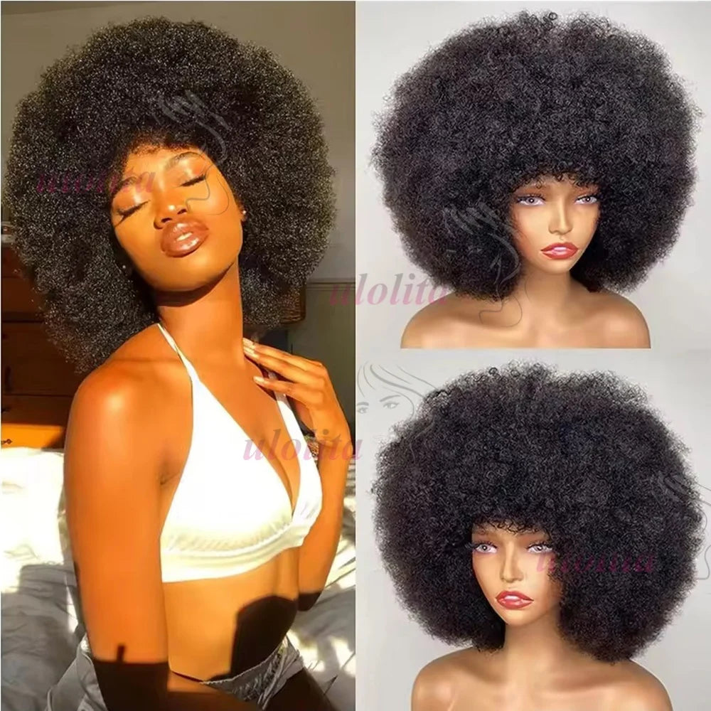 Afro Kinky Curly Short Human Hair Wigs With Thick Bangs Fluffy Natural Bob Wig Glueless Brazilian Full Machine Made Wigs On Sale