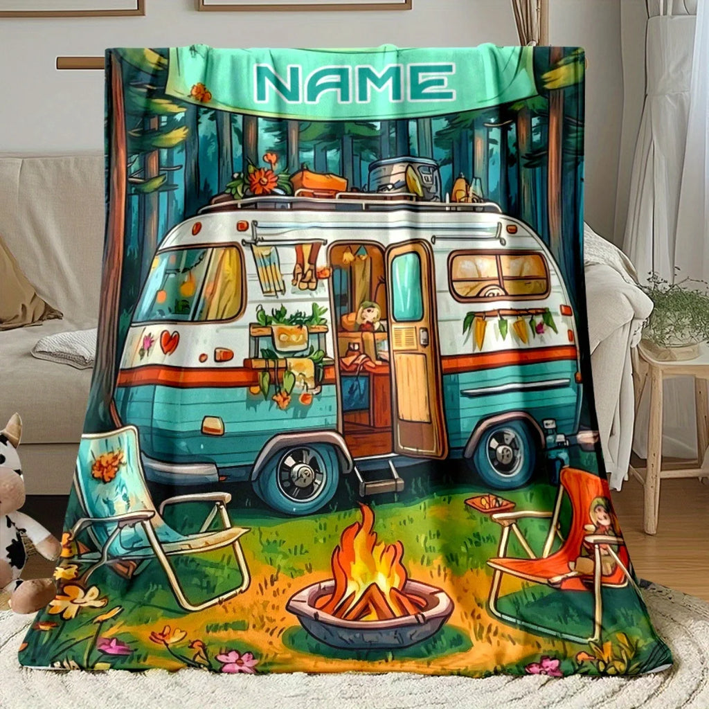 Personalized Vintage Camper Van Blanket Custom Name Cozy Flannel All-Season Bedspread Suitable for Sofa, Bed, Camping & Travel