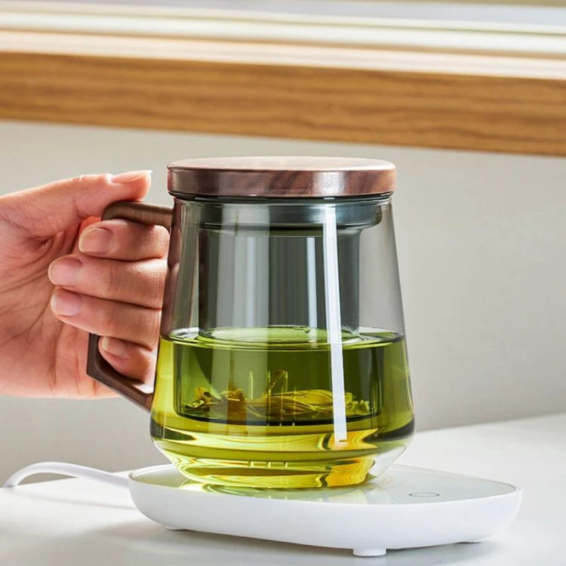 Clear Teacup with Filter, Heat-Resistant Glass Boiling Tea Cup, Office Mugs, Drinkware with Infuser, Teaware, Wood Handle