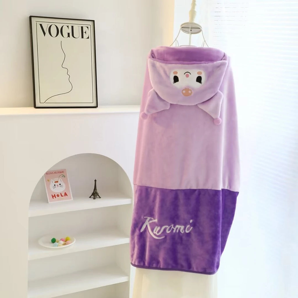 High Quality Kuromi Hooded Cloak Warm Flannel Blanket With Hat Japanese Style Comfortable Nap Blanket For Girl Xmas Gifts
