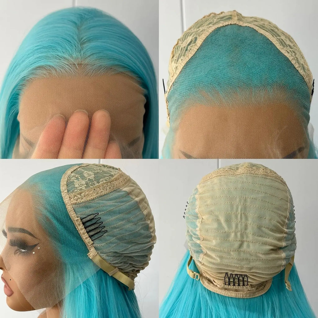 Blue Wig Long Straight Synthetic Lace Front Wig Glueless Ready to Wear Cosplay Party Light Blue Hair Lace Frontal Wigs for Women