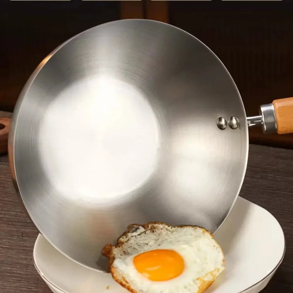 Small Wok Frying Pan 430 Stainless Steel Uncoated Non-Stick Skillet for Home Kitchen Induction Cooker & Gas Stove Use
