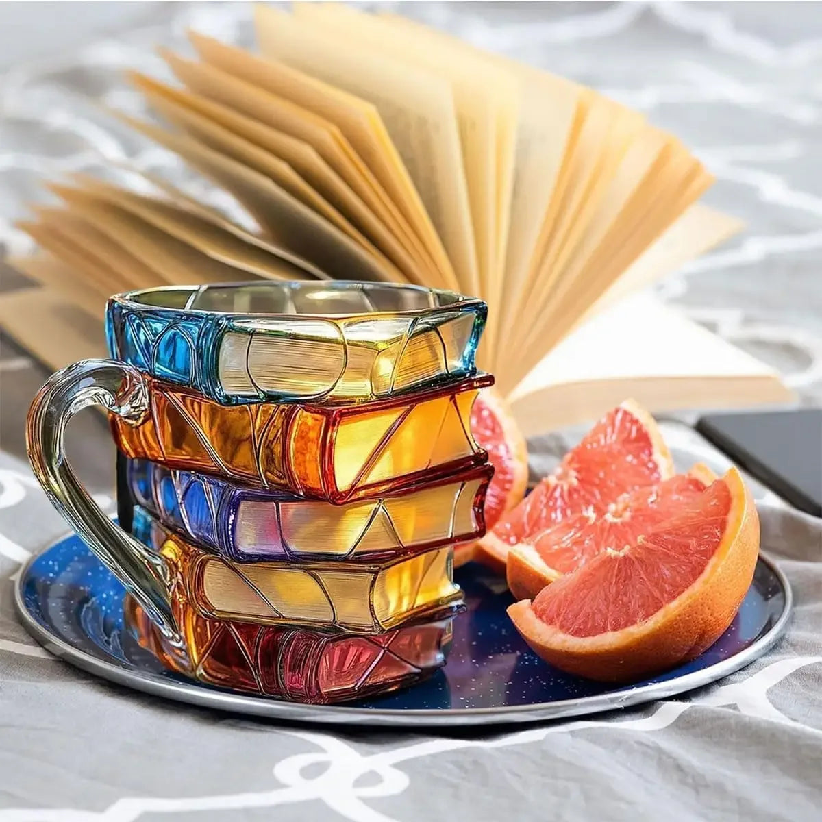 Painted Book Mug, 3D Colored Glass Book Coffee Mug, Novelty Books Stack Coffee Cup Christmas Gifts for Literature Book Lovers
