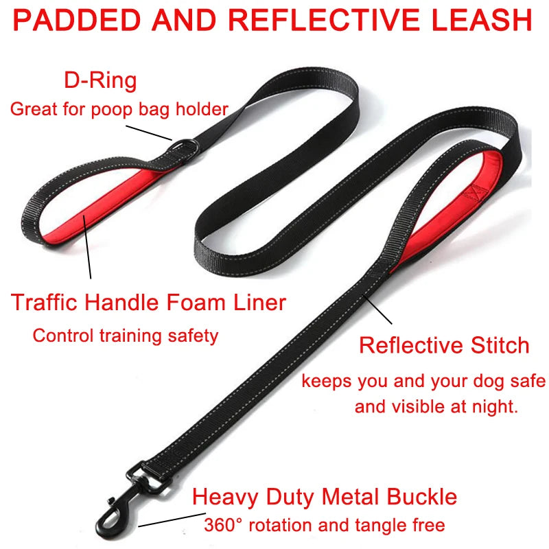 6ft Dog Leash Heavy Duty Rope Reflective Pet Training Lead Leash with Padded Double Handle Traffic Control for Large Medium Dogs