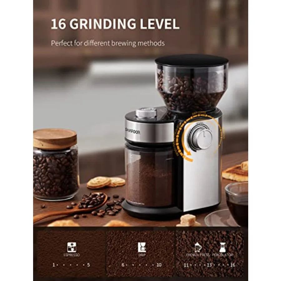 Electric Adjustable Burr Coffee Bean Grinder with 16 Precise Grind Settings for 2-14 Cup Silver