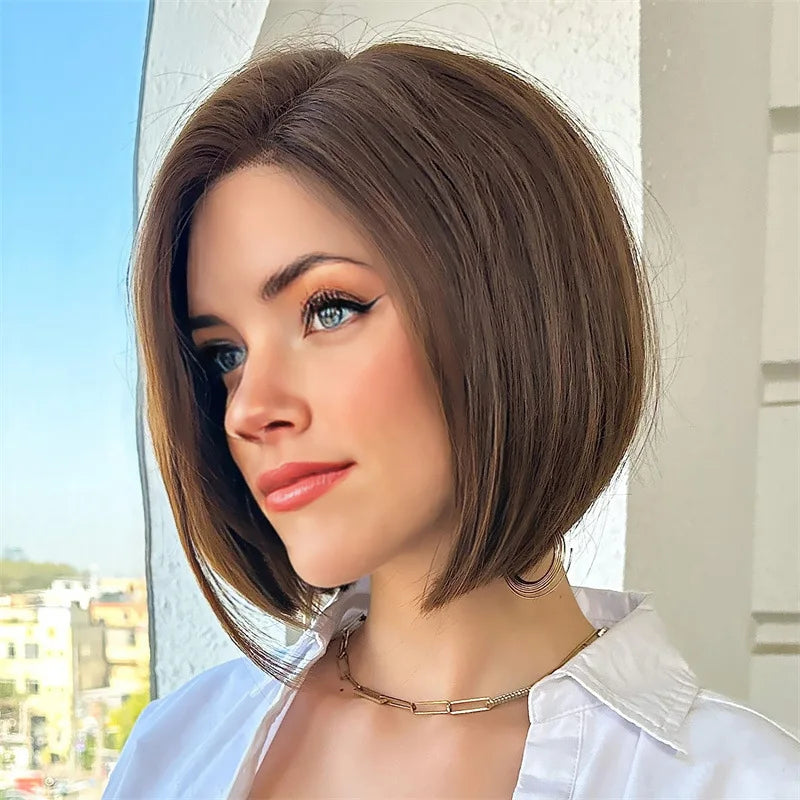 Fashion synthetic fiber wig women's medium short straight bobo head wig mechanism high temperature silk full head cover